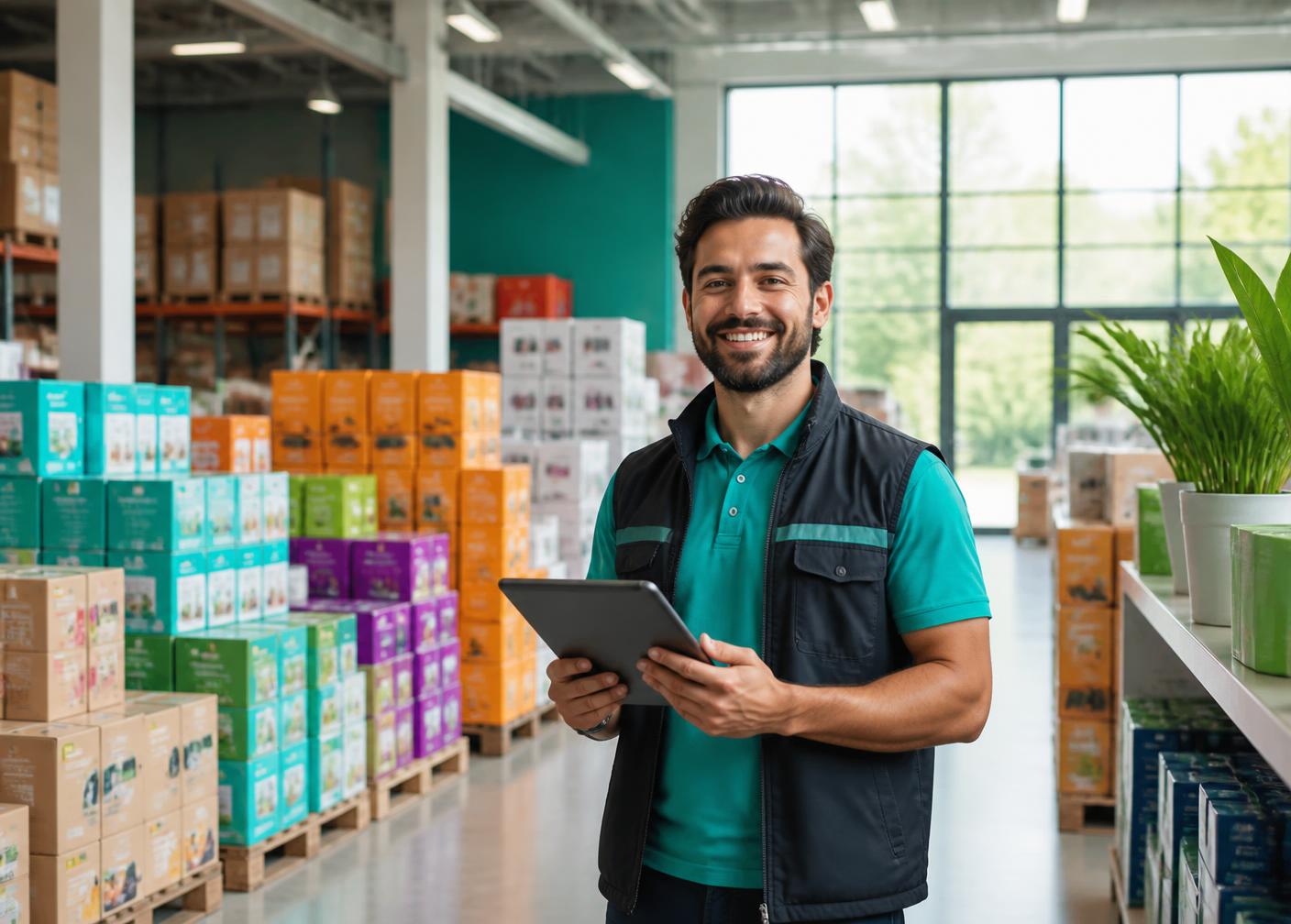 Medewerker met tablet tussen kleurrijke productdozen in een licht distributiecentrum